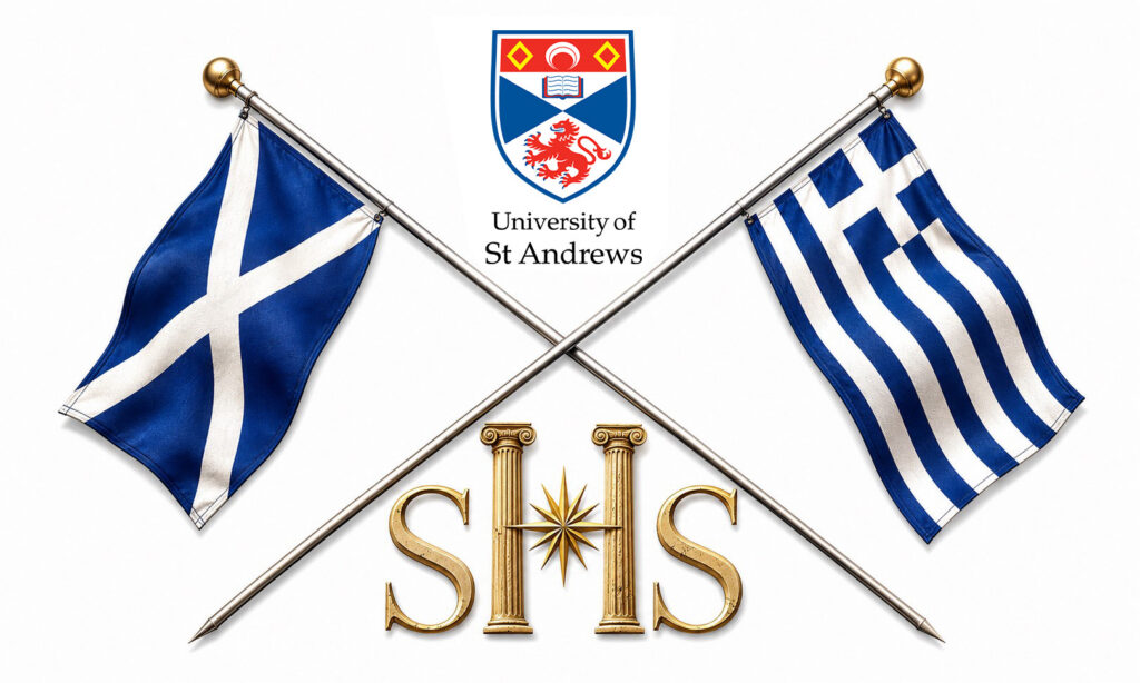 Scottish Hellenic Society logo: The university of St Andrews logo above crossed Scottish and Greek flags, with the capital letters SHS below. 